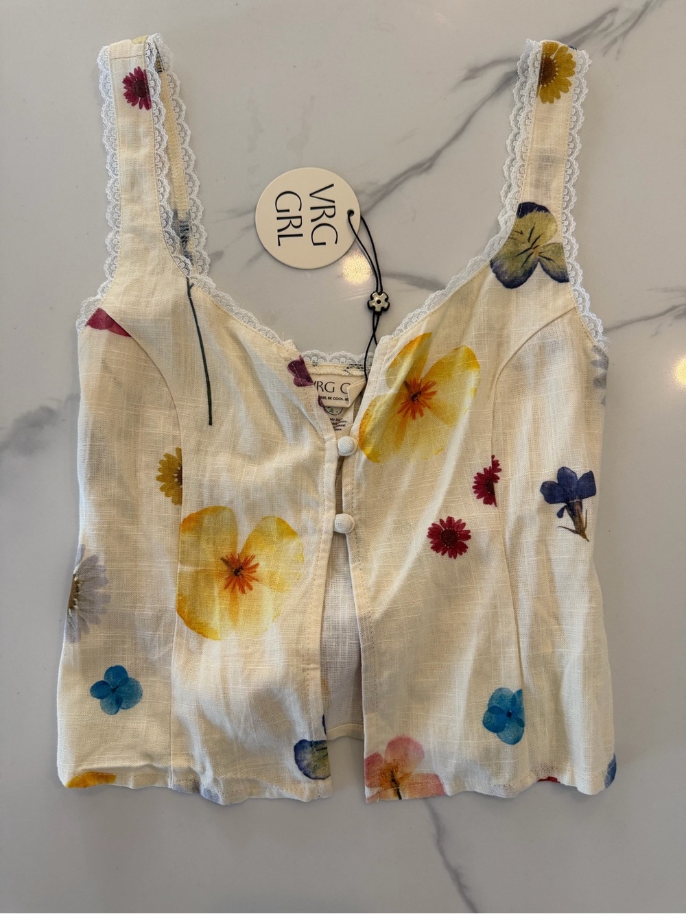 VRG GRL Cream Floral Button-Front Lace-Trim Tank Size 6